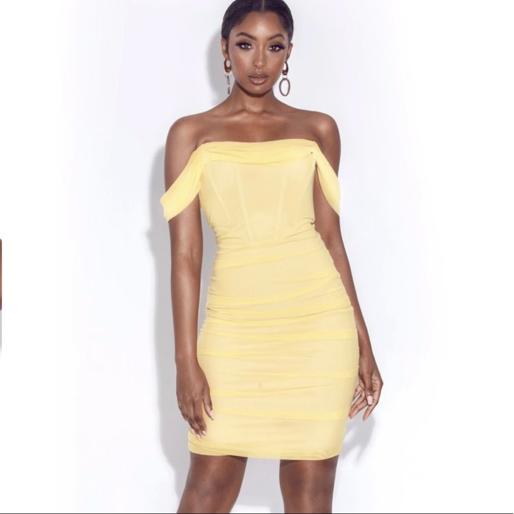 Weslee Lemon Off Shoulder Mesh Corset Dress